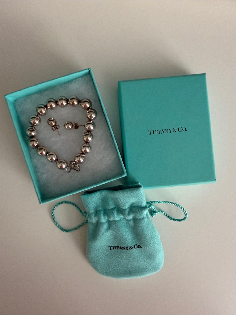Tiffany & Co. Sterling Silver Bead Bracelet with Stud Earrings in Blue Box